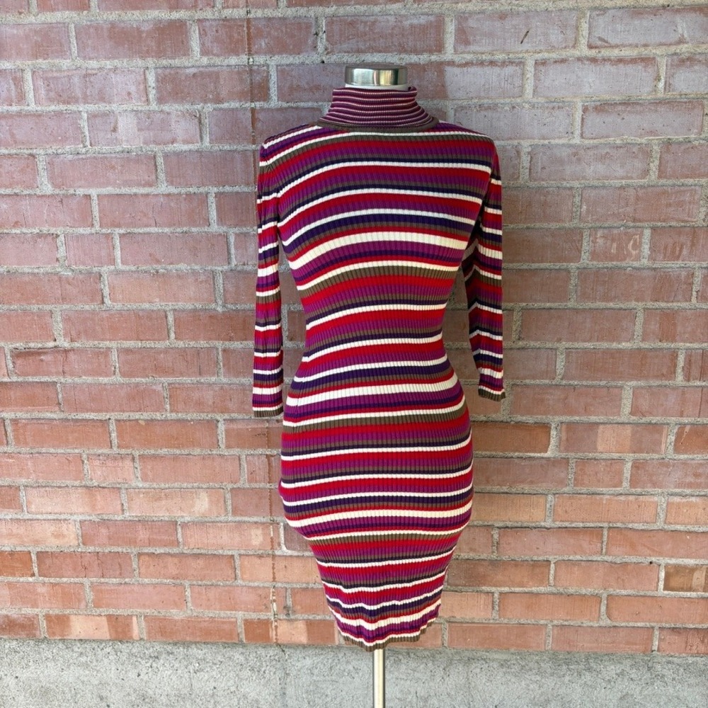 Lisa Says Gah Virgine Dress‎ Women's Xs/S Striped Colorful Turtle Neck Midi